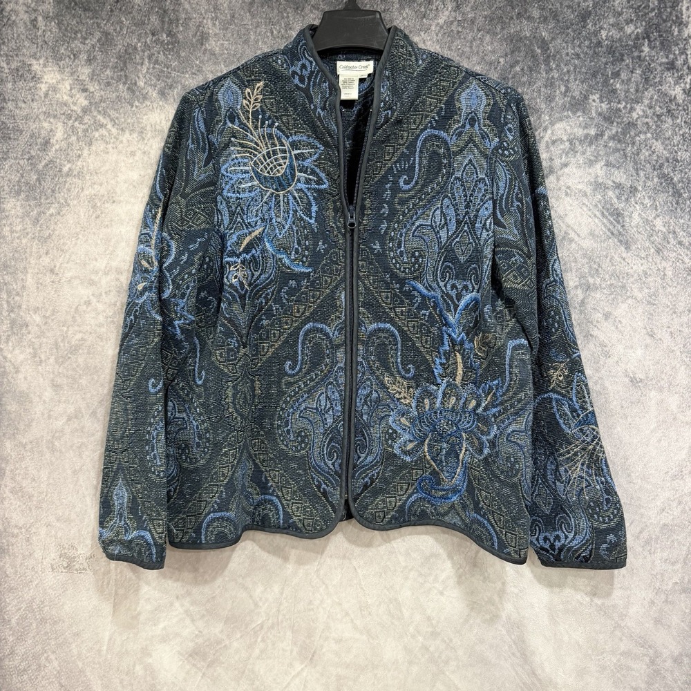 Coldwater Creek Women's Medium Blue Black Embroidered Jacquard Zip Jacket